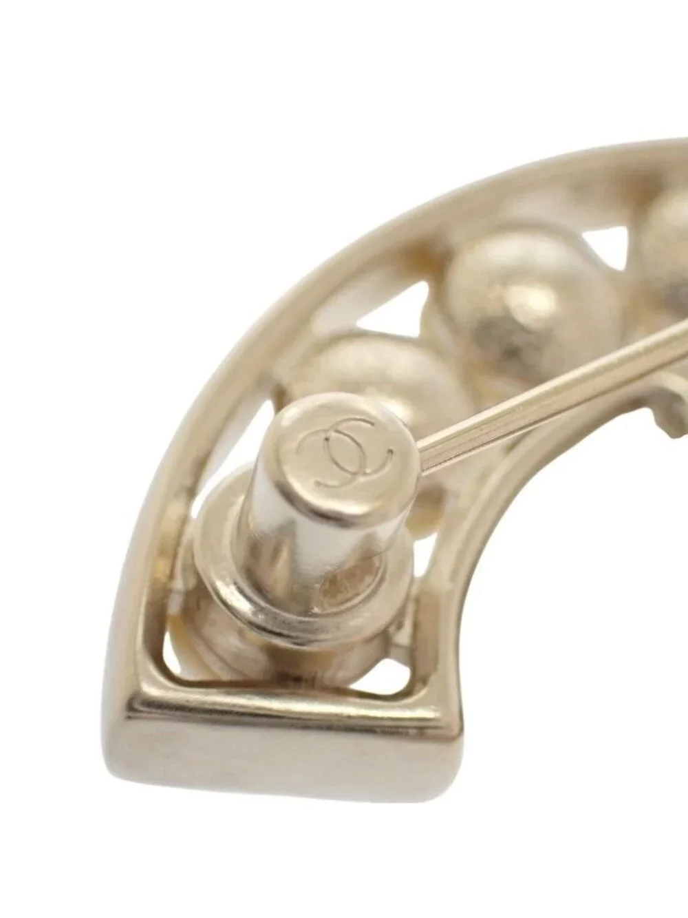 Chanel CC Logo Pearl Brooch Metal Faux White Gold White